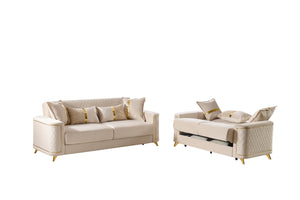 English Elm Lisa Quilted Ivory Sofa and Loveseat Set with Gold Legs for Elegant Living Rooms B009S02227