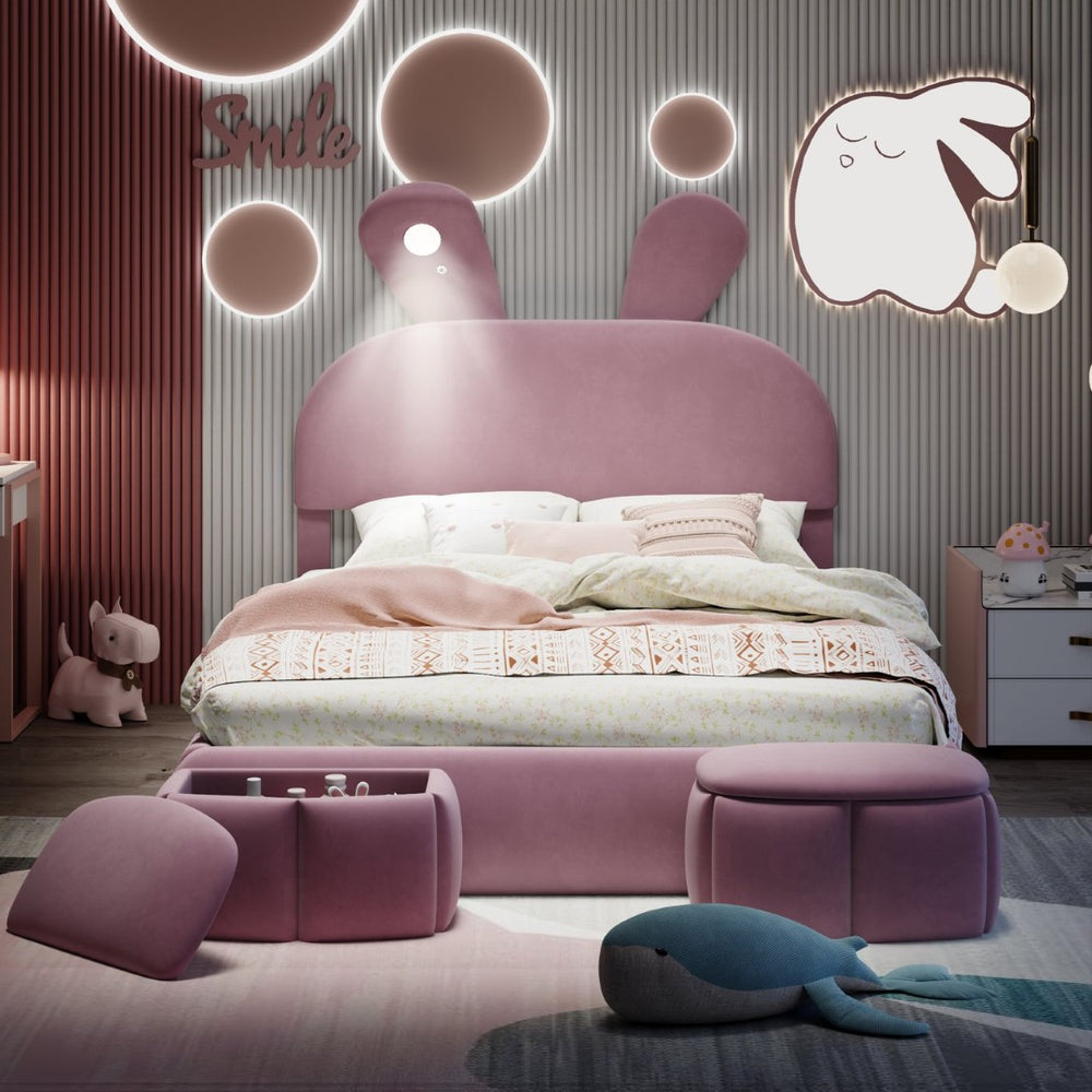 English Elm Full Pink Velvet Platform Bed Cartoon Ear Headboard Led Light Storage Stools N709P195300H-1