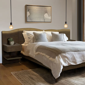English Elm Platform Queen Bed with Live-Edge Headboard, Built-In Nightstands & Drawers, Dark Coffee Finish 600lb Capacity B035S00059