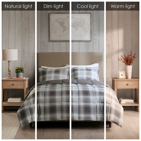 English Elm Full/Queen Woodsman Softspun Plaid Comforter Mini Set - Grey Cabin Style, 6D Fill, OEKO-TEX Certified B035100465