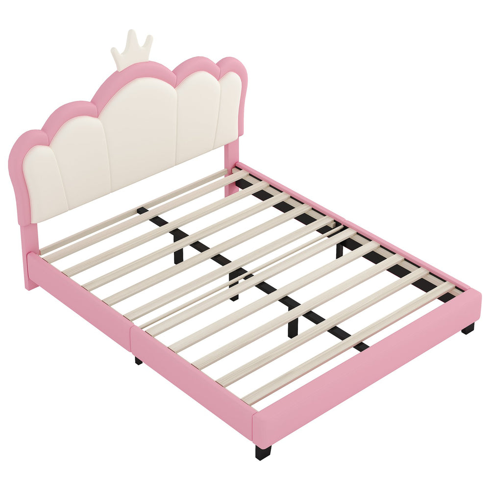 English Elm Full Upholstered Princess Bed with Crown Headboard — Sturdy Full Platform Bed for Girls, 500lb Capacity Pink 58.86 L x 25.98 W x 6.5 H N733P180808H