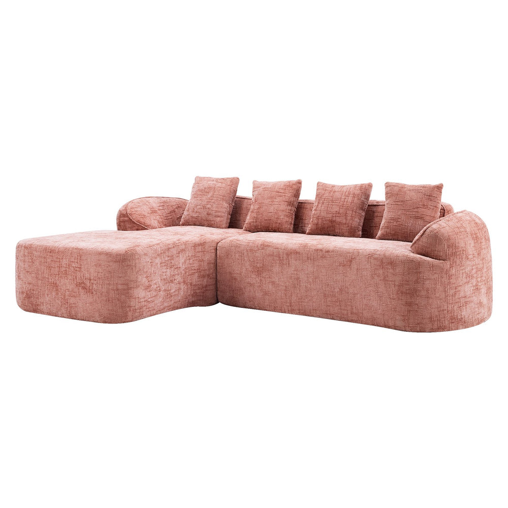 English Elm Pink chenille L-shaped sofa with high-elastic sponge, curved armrests, 4 throw pillows, 900lb capacity W3612S00018