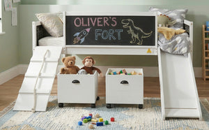 English Elm Twin Kids Loft Bed Solid Pine Frame with Slide Chalkboard and Climbing Rope Play Zone White N708P340493K