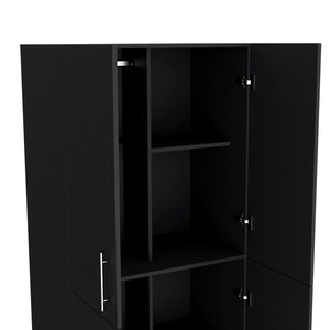 English Elm Hazel Slim Melamine Armoire with 2 Doors, 4 Shelves & 2 Hanging Bars — Black, Elegant Storage B128S00009