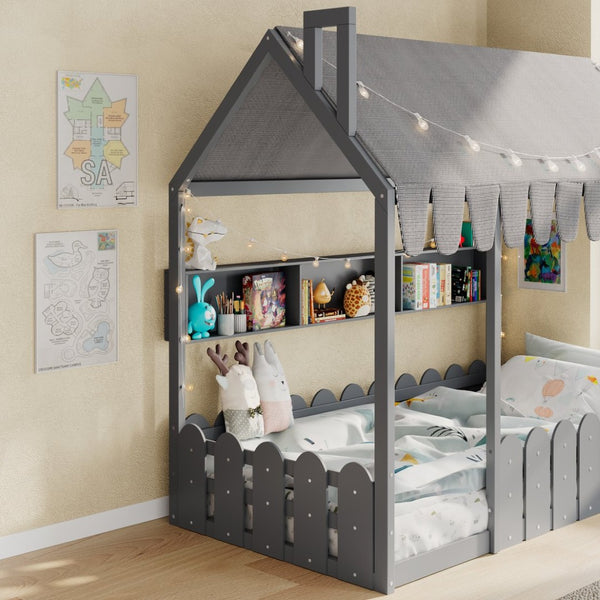 English Elm {slats Are Not Included} Twin Montessori House Floor Bed Kids Tent Lights Shelves Pinewood Frame Gray N708P407962E