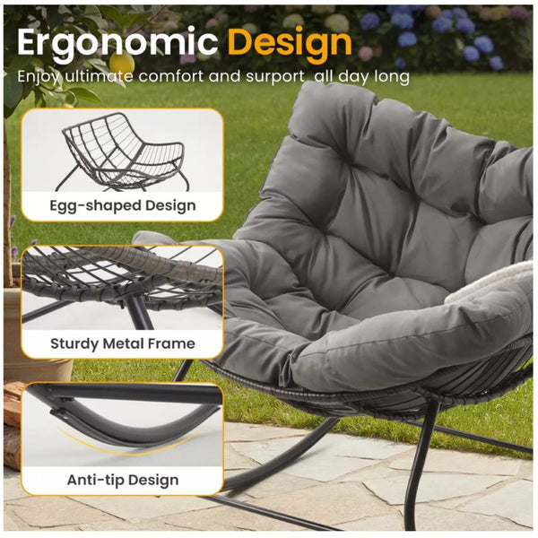 English Elm Dark Wicker Egg Rocking Chair with Ottoman Outdoor Pe Woven Patio Lounge Set Gray B082P455170
