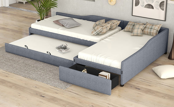 English Elm Upholstered Twin Daybed with Pull Out Trundle Linen Blend Sofa Style Studio Bed Gray GX001316AAE