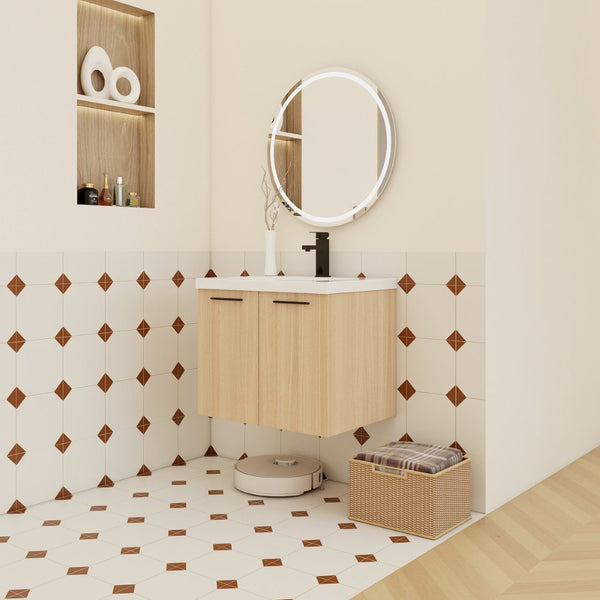 English Elm 24" Floating Oak Plywood Bathroom Vanity Set with Glossy Resin Sink Scandinavian Style W3450S00068