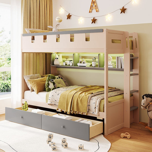 English Elm Twin Castle Bunk Bed with Led Lighting Built-in Shelf and Storage Drawers for Kids Gray LT000158AAE