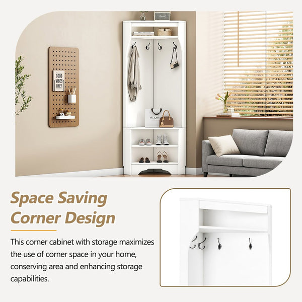 English Elm Minimalist White Corner Hall Tree with Bench Shoe Storage and Four Entryway Hooks N721P401788K