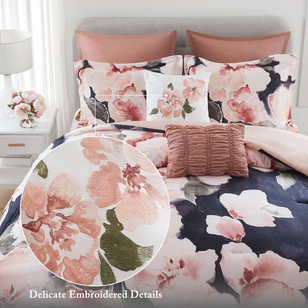 English Elm 7-piece Cal King Cotton Printed Comforter Set with Embroidered Decorative Pillows Blush Multi B035P482948