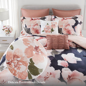 English Elm 7-piece Queen Comforter Set Cotton Print Bedding with Euro Shams and Embroidered Pillows Blush Multi B035P482946