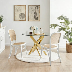 English Elm Modern Round Tempered Glass Dining Table with Glam Gold Iron Base for Compact Spaces Golden W3590S00009
