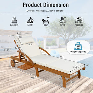 English Elm U_style Acacia Wood Outdoor Chaise Lounger with Reclining Backrest Cushions and Side Tray Beige N711P415859A