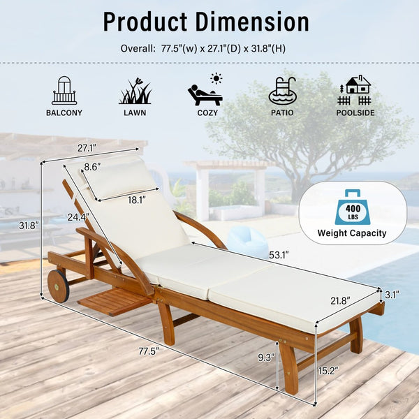 English Elm U_style Acacia Wood Outdoor Chaise Lounger with Reclining Backrest Cushions and Side Tray Beige N711P415859A