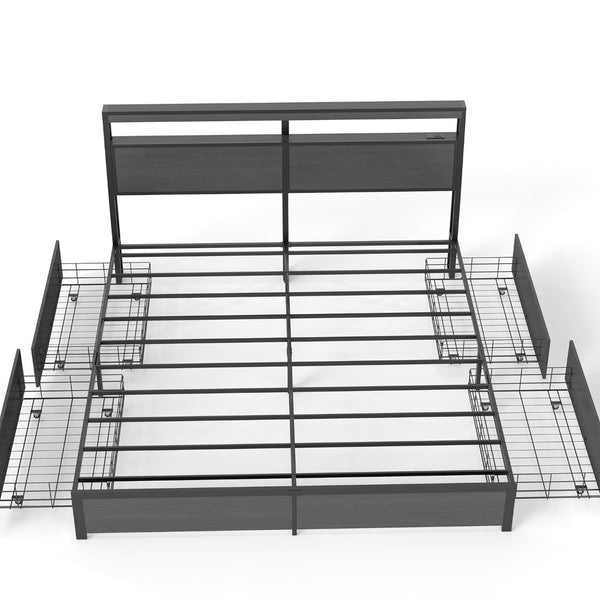 English Elm Queen Metal Platform Bed with Rgb Led Headboard Charging Station and Underbed Storage T3963P483004