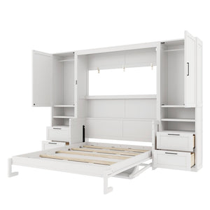 English Elm Queen Murphy Fold Down Wall Bed with Wardrobe Drawers and Shelves for Guest Rooms White LP000909AAK-2