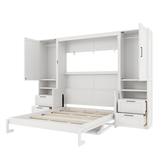English Elm Queen Murphy Fold Down Wall Bed with Wardrobe Drawers and Shelves for Guest Rooms White LP000909AAK-2