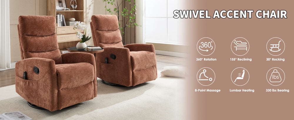 English Elm Heat Massage Swivel Rocker Recliner with 8 Nodes Vibration for Living Room Comfort W3224P322247
