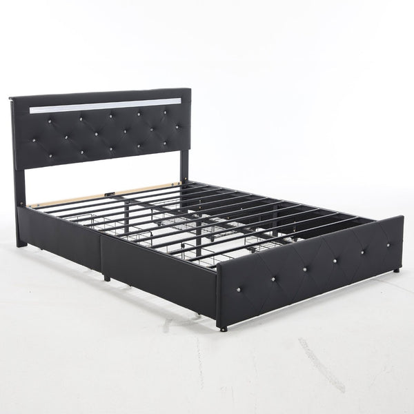 English Elm Full Size Pu Leather Storage Bed with Rgb Led Headboard and Charging Station Black W5722P462440