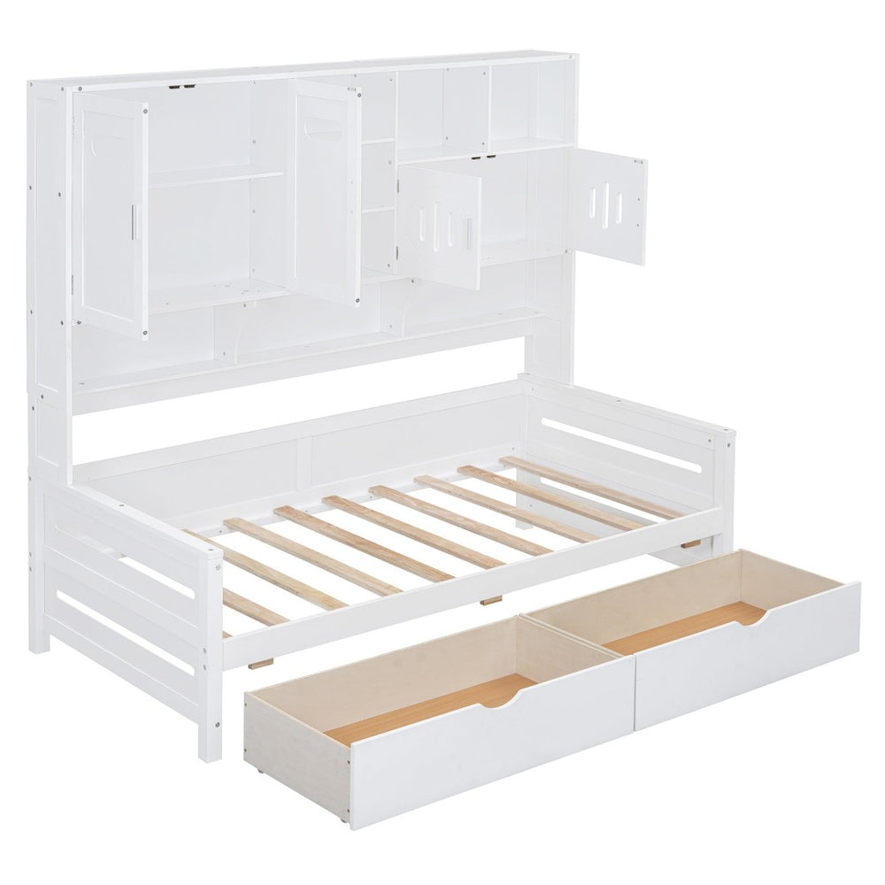 English Elm Twin Size Wooden Daybed With Storage Drawers, Cabinet & Shelf – Stylish Space-Saving Solution! N820S00015K-GIGA
