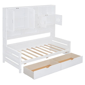 English Elm Twin Size Wooden Daybed With Storage Drawers, Cabinet & Shelf – Stylish Space-Saving Solution! N820S00015K-GIGA