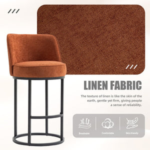English Elm Counter Height Barstools Set of 2 Linen Upholstered Barrel Seat with Iron Legs Orange W395P410432