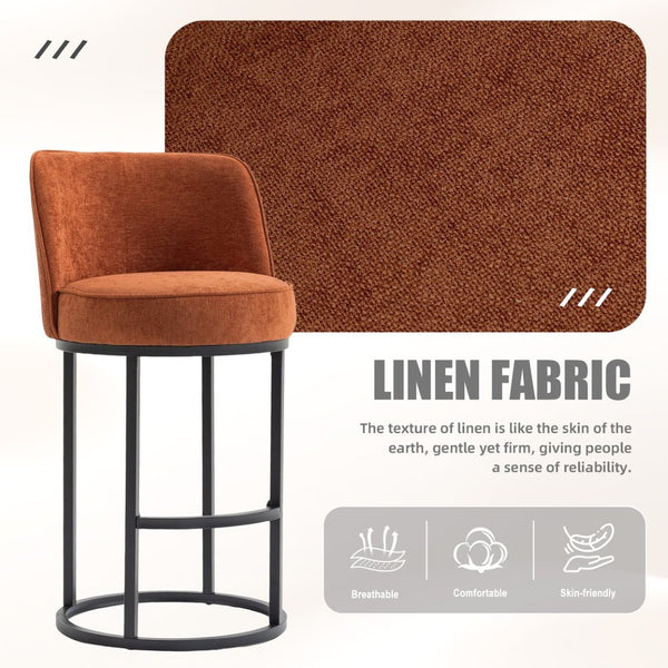 English Elm Counter Height Barstools Set of 2 Linen Upholstered Barrel Seat with Iron Legs Orange W395P410432