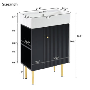 English Elm 21.6" Black Bathroom Vanity with Ceramic Sink, Left Side Storage, Gold Legs, Soft-Close Hinges and Triple-Coat Finish SV000007AAB