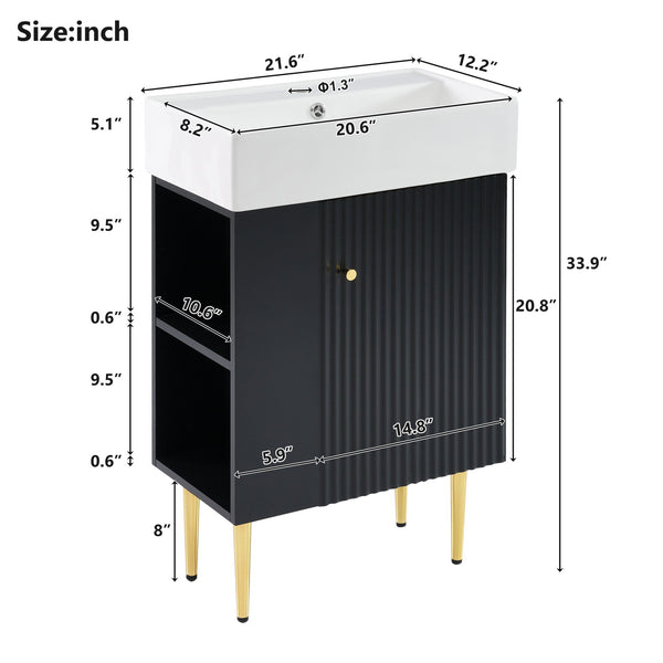 English Elm 21.6" Black Bathroom Vanity with Ceramic Sink, Left Side Storage, Gold Legs, Soft-Close Hinges and Triple-Coat Finish SV000007AAB