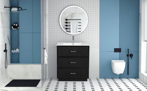 English Elm 30 Inch Bathroom Vanity With Ceramic Sink Combo - Modern Black Freestanding Storage Cabinet Set W1550S00047