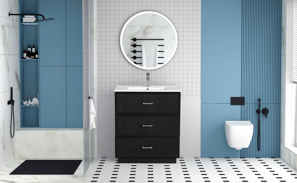 English Elm 30 Inch Bathroom Vanity With Ceramic Sink Combo - Modern Black Freestanding Storage Cabinet Set W1550S00047