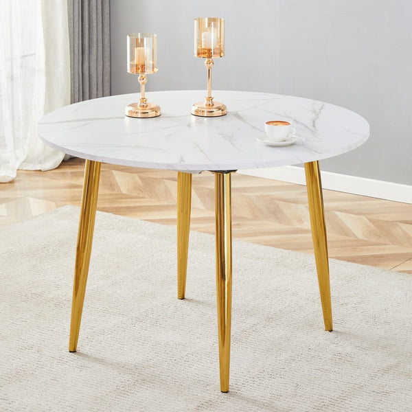 English Elm With Retractable Leaf Round Oval Mdf Top and Sleek Metal Legs Modern Dining Table White+Gold W1151S03870
