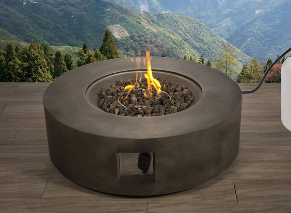 English Elm 12" Round Fibre Concrete Outdoor Fire Pit Table with Push Button Ignition Lava Rock B120P203736