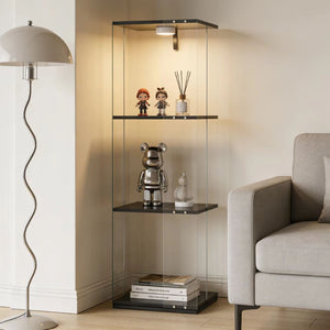 English Elm Rotatable Three Tier Tempered Glass Display Cabinet with Led Lighting for Living Room Black W3155P466753