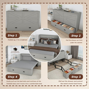 English Elm 57 Inch Murphy Bed Cabinet with Storage Drawers Charging Station and Rolling Casters Gray W509S00156