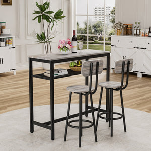 English Elm Bar Pub Table and 2 Stools Set – Space-Saving Grey MDF & Steel Bistro Dining Set for Kitchen, Party Room, Compact Living W578P304319