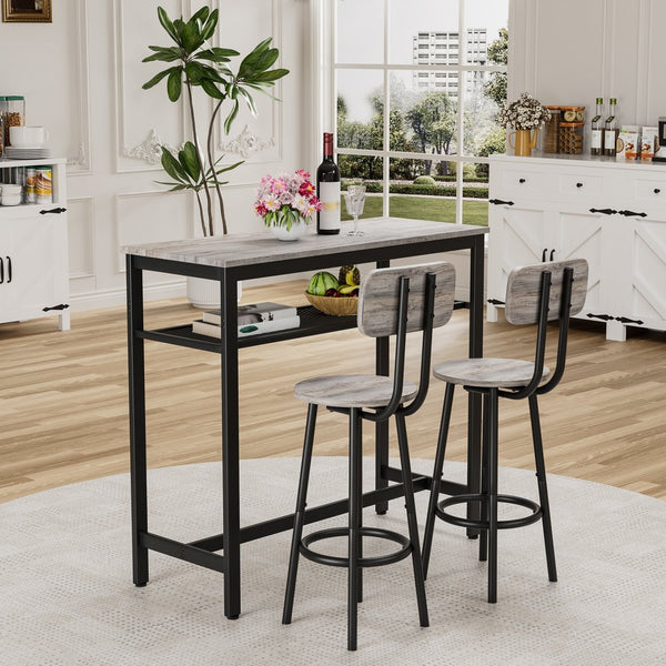English Elm Bar Pub Table and 2 Stools Set – Space-Saving Grey MDF & Steel Bistro Dining Set for Kitchen, Party Room, Compact Living W578P304319