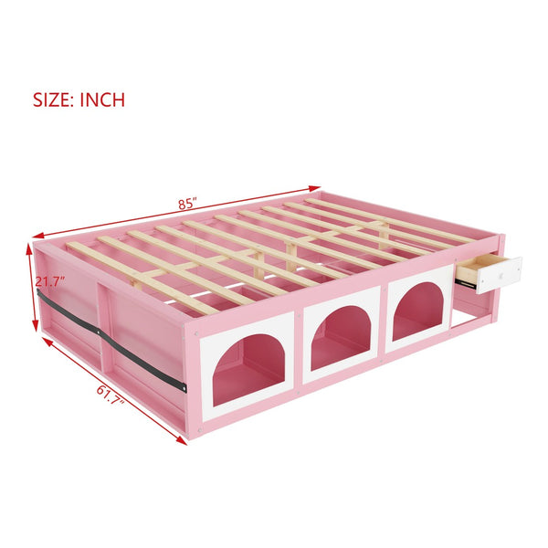 English Elm Queen Storage Platform Bed with Led Lighting Bookshelf Display Cabinet and Pull-out Drawer Pink+White N820S00078H