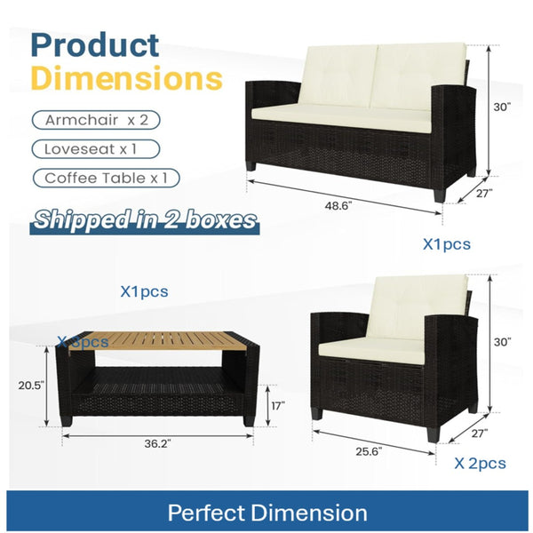 English Elm 4-piece Wicker Outdoor Conversation Set with Acacia Wood Table and Foam Cushions Beige+Brown B082S00061