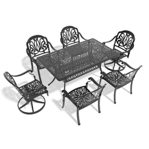 English Elm 7-Piece All-Weather Cast Aluminum Dining Set With Swivel Chairs, Cushions & Rectangular Table, Black Frame W1710S00367