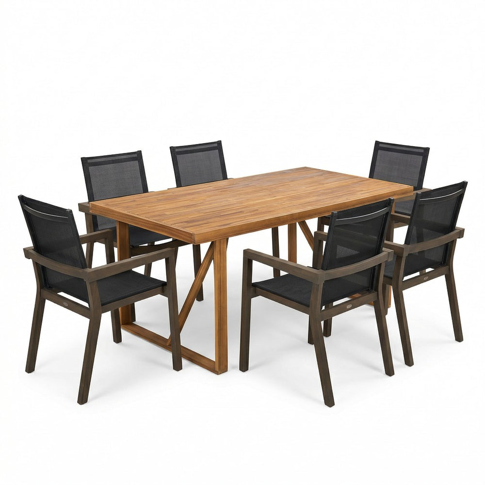 English Elm 7 Piece Acacia Wood Outdoor Dining Set Teak Table Mesh Chairs Backyard Patio N762S000004AAE