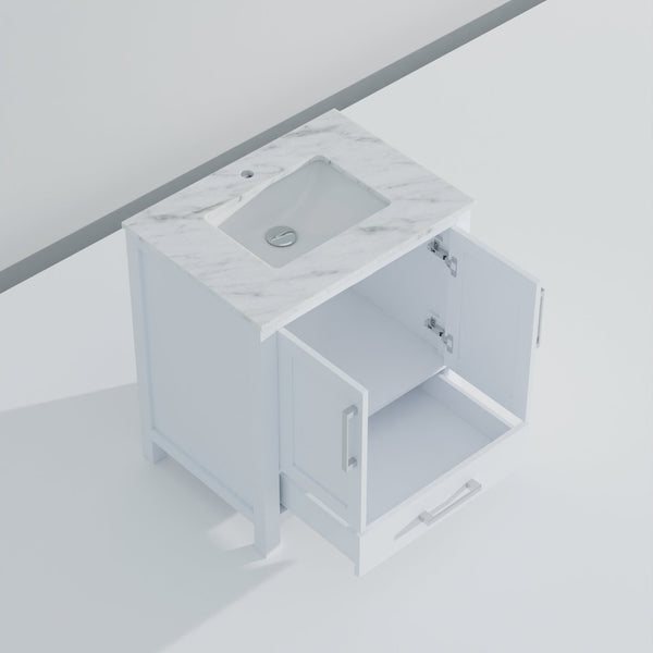 English Elm White Solid Wood Bath Vanity 30"W x 22"D with Carrara Marble Top, Soft-Close Drawer, Spacious Storage B2731P258774