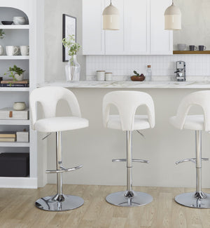 English Elm Adjustable Swivel Barstools Set of 2 White Fabric Padded Seats Chrome Base B202S01953