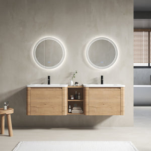 English Elm 68'' Wall-Mounted Bathroom Vanity with White Ceramic Sink, Plywood Shelves, Soft-Close Door Elegance W999S00382