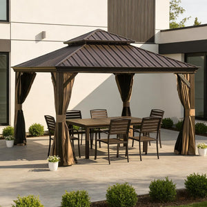 English Elm 13x13ft Hardtop Gazebo Galvanized Steel Vented Double Roof with Curtains Netting Patio Brown W1859S00204