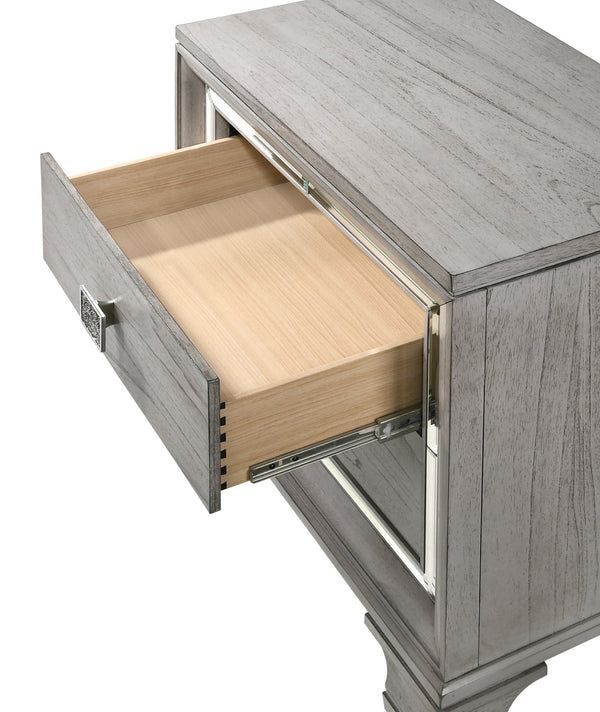 English Elm Modern Queen Size Panel Bed 3pc Set with Tufted LED Headboard, Soft Gray Wood Grain Nightstands, Elegant Storage B2741S00106