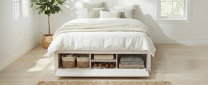 English Elm Queen Platform Storage Bed with Hydraulic Lift Footboard and Four Drawers Antique Finish White LP000139AAK