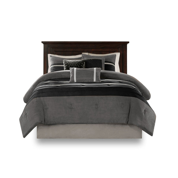 English Elm 7 Pc Luxury Faux Suede Comforter Set In Black & Grey For Queen Beds - Complete Bedding Elegance B03596984