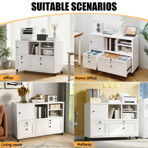 English Elm 28"h White Steel Rolling File Cabinet Locking Drawers Quiet Slides Home Office T2398P465996